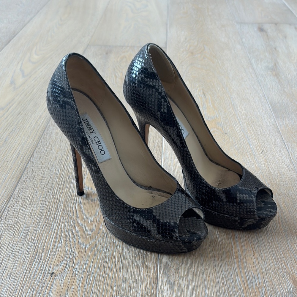 Jimmy Choo Black Heels Snake Skin Stiletto Peep Toe